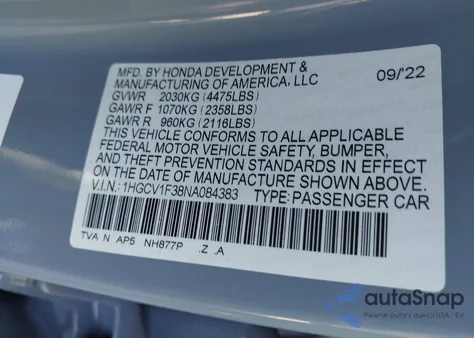 2022 Honda Accord Sport из США, поврежденный, VIN 1HGCV1F38NA084383